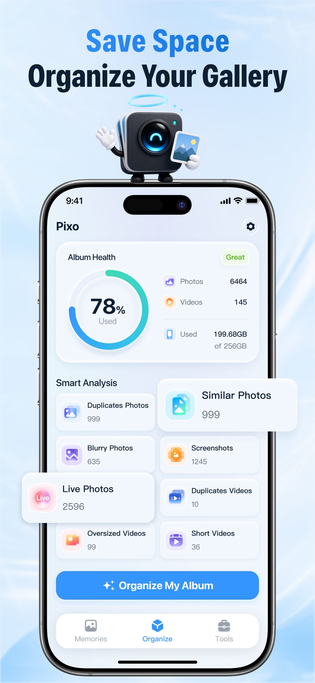 Pixo Cleaner gallery analysis screen